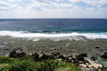 Blue deep water and rocky sea shore at seaside in Batanes island northern most of Philippines