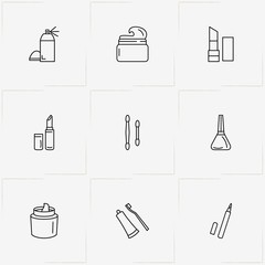 Women Cosmetics line icon set with lipstick, spray and nail polish