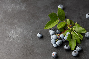 Fresh blueberries with leaves on branch. Black stone background, top view.