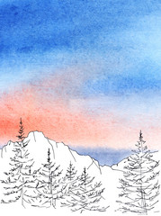 watercolor painted background with black ink  panoramic view