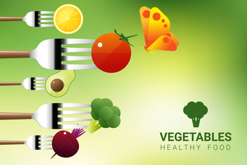 Vegetables on forks isolated on natural background , healthy food concept , vector , illustration