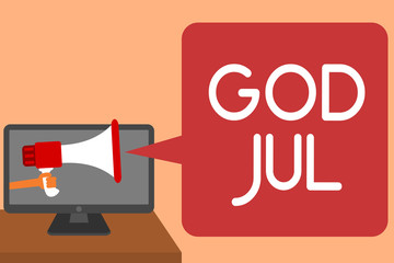 Handwriting text writing God Jul. Concept meaning Merry Christmas Greeting people for new year happy holidays Man holding Megaphone loudspeaker computer screen talking speech bubble.