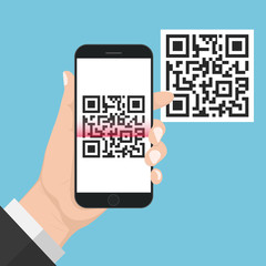 Flash Design with long shadow Hand holding the smart phone with  QR code  on screen. The concept is QR code Scan on Smart Phone ,vector design Element illustration