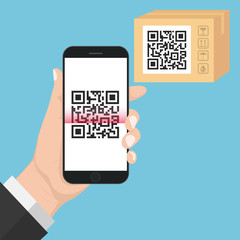 Flash Design with long shadow Hand holding the smart phone with  QR code  on screen. The concept is QR code Scan on Smart Phone ,vector design Element illustration