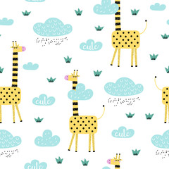 Seamless pattern with cute cartoon giraffe and clouds. Vector texture in doodle style great for fabric and textile, wallpapers, backgrounds. Scandinavian style.