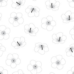 Hibiscus syriacus Outline - Rose of Sharon on White Background.