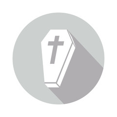 White coffin with a gray cross in a gray circle