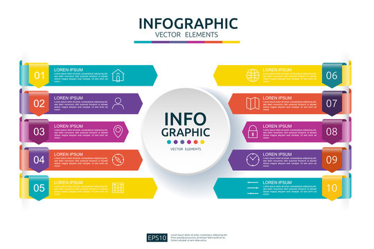 10 steps business infographic. timeline design template with arrow and circle element concept with options. For content, diagram, flowchart, steps, parts, workflow layout, chart