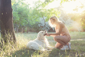  A pretty girl on a walk with a thoroughbred dog.