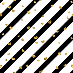 Gold heart seamless pattern. Black-white geometric stripes, golden confetti-hearts. Symbol of love, Valentine day holiday. Design wallpaper, background, fabric texture. Vector illustration