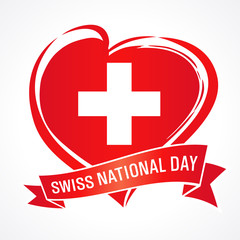 Fototapeta premium Swiss National Day, banner with heart in flag color and ribbon. National holiday in Switzerland 1 August 1291, vector greetings card. Celebration Swiss Confederation anniversary of Foundation date