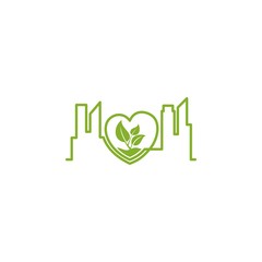 Abstract office building on green leaf in the love shape icon logo.