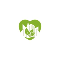 Abstract office building on green leaf in the love shape icon logo