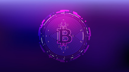 Cyberpunk Bitcoin Futuristic Sci-Fi Technology Cryptocurrency Textured Coin Hi-Tech Illustration. Isolated on Purple Mesh Background	