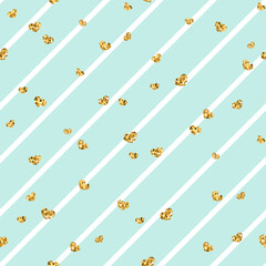 Gold heart seamless pattern. Blue-white geometric stripes, golden confetti-hearts. Symbol of love, Valentine day holiday. Design wallpaper, background, fabric texture. Vector illustration