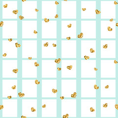 Gold heart seamless pattern. Blue-white geometric square, golden confetti-hearts. Symbol of love, Valentine day holiday. Design wallpaper, background, fabric texture. Vector illustration