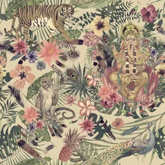 Sesmloses handgezeichnetes Aquarellmuster mit Ganesha, Tiger, Affen, Pfau, Federn, Blumen. © Irina Samoylovskaya