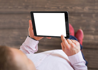 Man holding tablet. Tablet horizontal screen mockup.