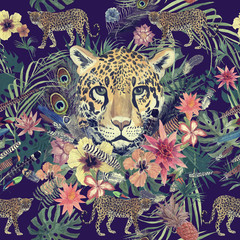 Seamless hand drawn watercolor pattern with leopard, flowers, feathers, flowers. © Irina Samoylovskaya