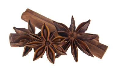 cinnamon stick and anise spices star isolated on white background