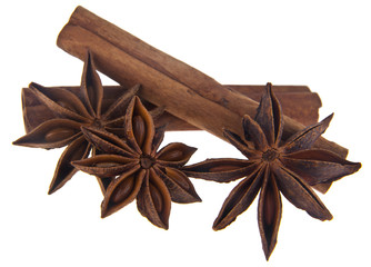 cinnamon stick and anise spices star isolated on white background