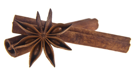 cinnamon stick and anise spices star isolated on white background