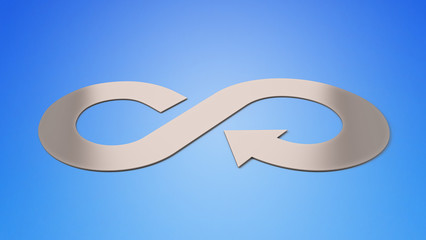Circular economy concept. Gray metal roller and arrow infinity recycling symbol, isolated on blue, 3D illustration.
