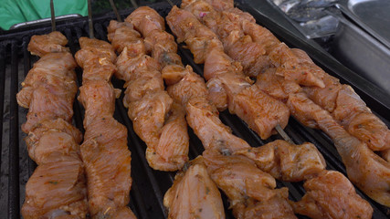 The chief is frying meat. Chicken meat on the grill. Restaurant in the open air. The concept of a picnic, barbecue.