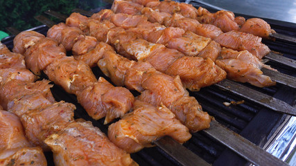 The chief is frying meat, peppers and tomatoes. Chicken meat with vegetables on the grill. Restaurant in the open air. The concept of a picnic, barbecue. Buffet restaurant in the turret resort.