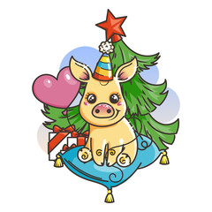 Happy New 2019 Year card with cartoon golden baby pig. Small symbol of holiday.