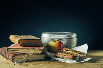 Vintage school lunch still life with sandwiches