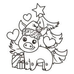 Happy New 2019 Year card with cartoon baby pig. Small symbol of holiday.