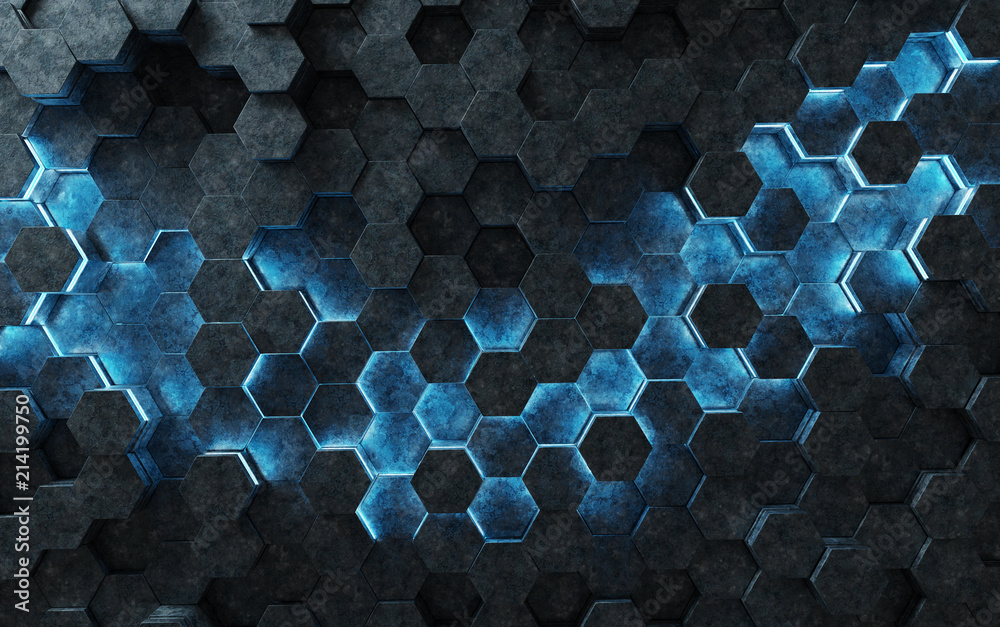 Wall mural black and blue hexagons background pattern 3d rendering