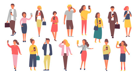 Man and woman characters with mobile phones. Crowd of people holding smartphones. Vector illustration