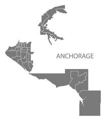 Anchorage Alaska city map with neighborhoods grey illustration silhouette shape