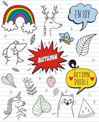 Set of cartoon autumn in doodle style isolated on paper background
