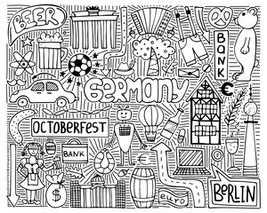 Doodle vector monochrome poster with Germany symbols. Wall art.