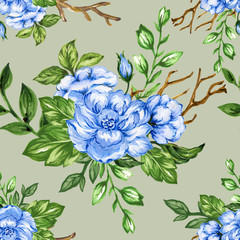  Romantic floral seamless  pattern bouquet rose blue flowers and plant