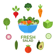 Fresh salad in bowl for vegetarian menu and healthy food advertising. Salad bar. Salad ingredients. Applicable food concept in flat style. Vector illustration