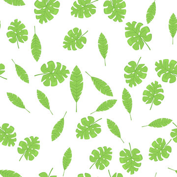Exotic palm leaves, summer rainforest. Seamless tropic green pattern.