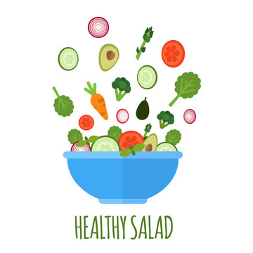 Salad with fresh vegetables in blue bowl. Healthy salad isolated on white background. Vegan menu. Food concept in flat style. Vector illustration