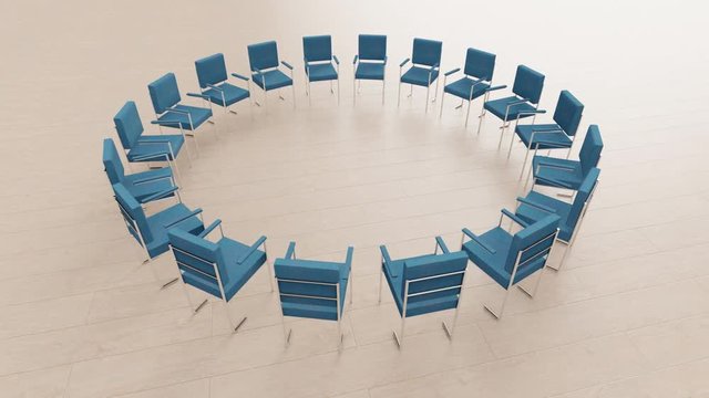 Blue Chairs in a Circle Rotating Loop Animation on Light Wooden Floor: Meeting, Support Group, Negotiations Concept 02