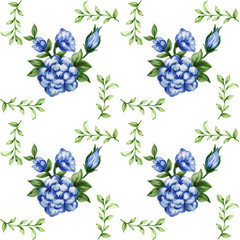  Romantic floral seamless  pattern bouquet rose blue flowers and plant