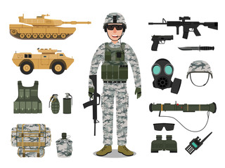 Army soldier character with military vehicle, weapons, military gear and equipment