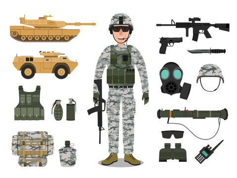 Army Soldier Character With Military Vehicle, Weapons, Military Gear And Equipment