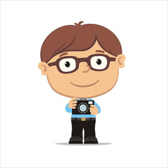 Vector illustration of boy-photographer with glasses holding camera in his hands, isolated on white background.