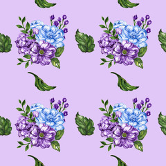 seamless  pattern bouquet rose blue purple flowers and plant