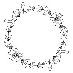 Fototapeta premium Floral frame composed in a circle. Hand drawn plants and flowers. Sketched style, monochrome vector illustration.