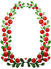 Watercolor hand drawn decor elements isolated on the white background. Card template - green branches with leaves and red berries, separate objects.