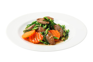 Stir-Fried Chinese Chives with Pork Liver isolated on white backgroud